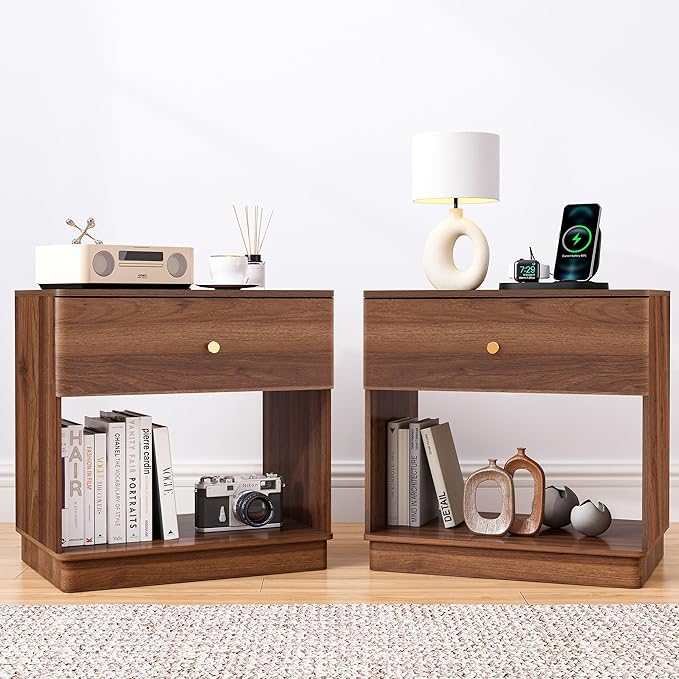 Narrow Nightstand Set of 2, Wooden Small 2 Drawer Nightstand, Slim Side End Table, Skinny Bedside Table, Mid Century Modern Night Stand with Drawers, for Living Room (Walnut-Charging Station-2 pcs)