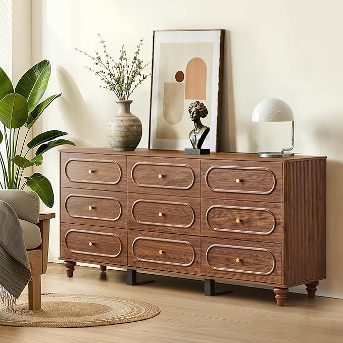 9 Drawer Fluted Dresser for Bedroom, Mid Century Modern Chest of Drawers, Wood Storage Small Dresser Organizer for Bedroom Living Room Hallway Closet, Walnut