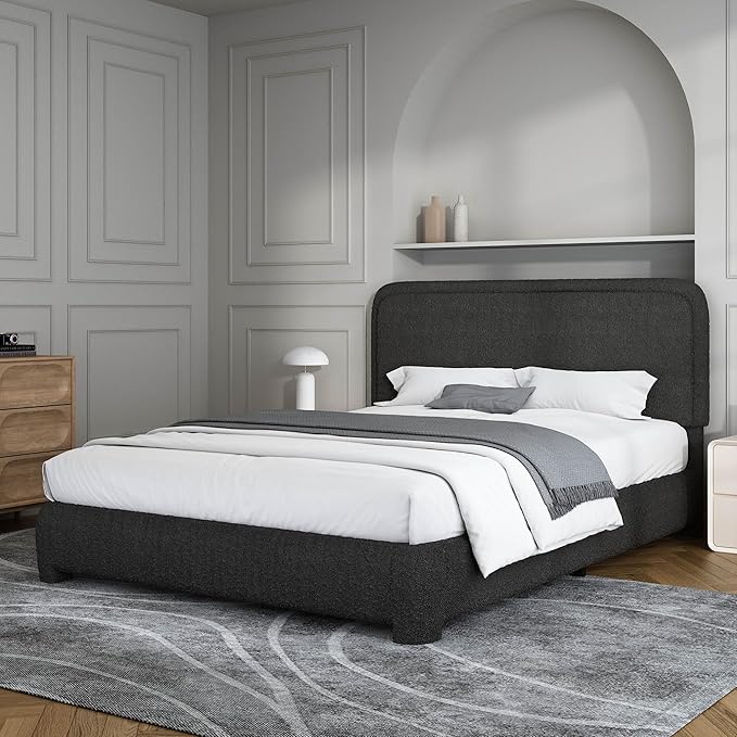 BarnFurin Queen Bed Frame, Boucle Upholstered Platform Bed Frame with Headboard, Modern Style, Soft Rounded Corners, No Box Spring Required, Easy Assembly, Black