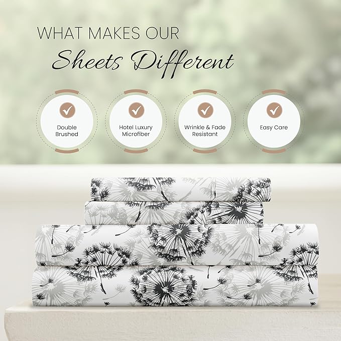 Linen Market 4 Piece King Sheet Set - Breathable, Double-Brushed Patterned Cooling Sheets – Oeko-TEX Certified Ultra Soft & Wrinkle-Free 16" Deep-Pocket King Sheets - Easy Care Make a Wish Light Gray
