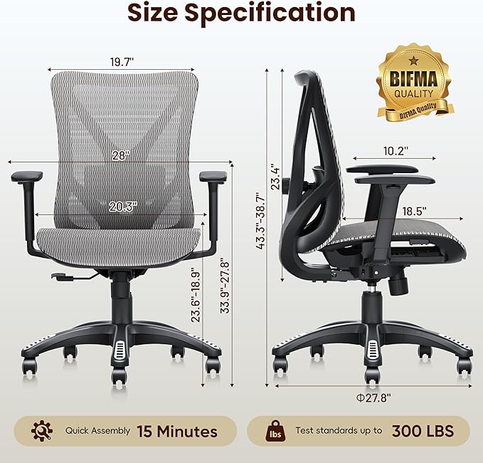 Ergonomic Office Chair, Mesh Computer Desk Chairs with Adjustable Lumbar Support, 3D Armrests, Tilt Function, Comfy Wide Seat, Swivel Executive Work Task Chair for Company and Home