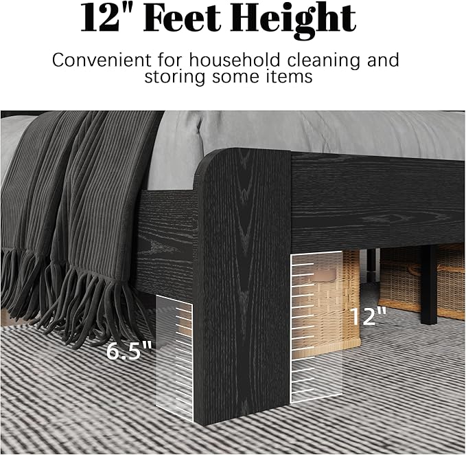King Size Bed Frame with Farmhouse Headboard, Rustic Boho Wooden Bedframe with LED Lights and Charging Station, Easy Assembly, No Box Spring Needed (Black, King)
