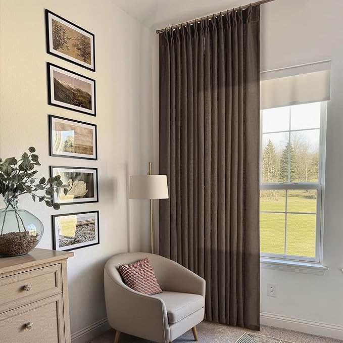 Dark Chocolate Pinch Pleated Linen Curtains 96 Inches Long 2 Panels for Living Room Bedroom Memory Training Brown Semi Sheer Pleat Drapes with Hooks Rings Light Filtering Window Curtain 40x96