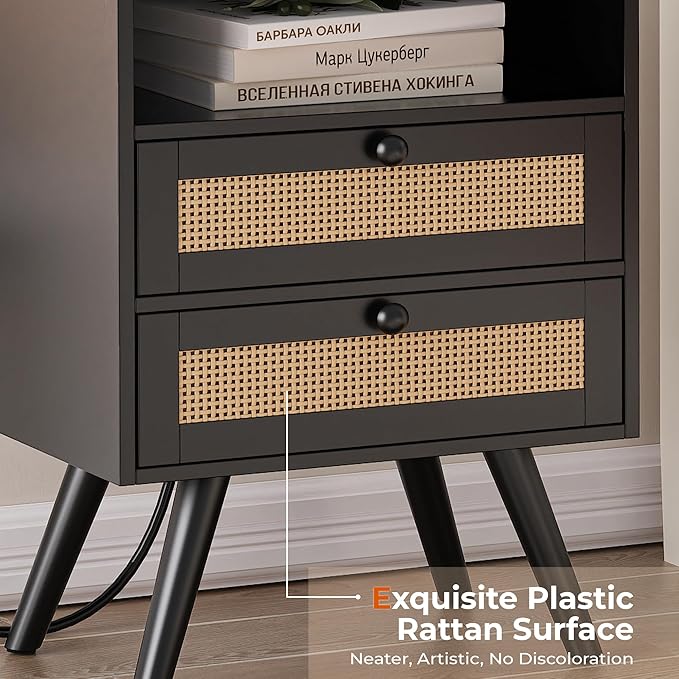 SUPERJARE 2 Drawer Night Stand with Charger Station, Boho Rattan Nightstand Set of 2, 25.2 Inch Tall Bed Side Table with Solid Wood Feet, End Table, Open Storage, Synthetic Rattan, for Bedroom, Black