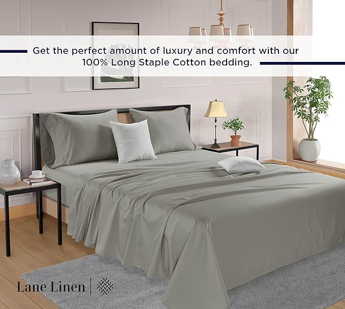 LANE LINEN Queen Size Sheet Set – 600 Thread Count Natural 100% Cotton Sheets, Cooling Bed Sheets, Durable Bedding for Daily Use, Fade Resistant, Snug Fit 15" Deep Pocket Fitted Sheet – Silver