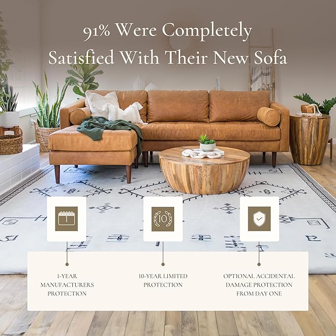POLY & BARK Napa 104.5" Left-Facing Sectional Sofa – Cognac Tan Full-Grain Pure-Aniline Italian Leather, Feather-Down Cushions, Kiln-Dried Solid Wood Frame, Walnut Legs