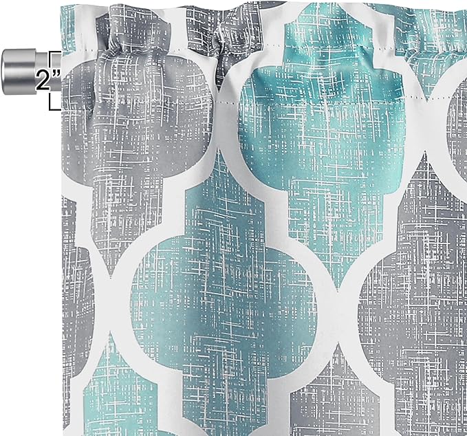 Beauoop Blackout Window Valances Curtains Geometric Quatrefoil Trellis Printed Room Darkening Thermal Insulated Rod Pocket Short Valance Curtains Cafe Bathroom, Spa/Gray, 50" W x 18" L, 1 Panel