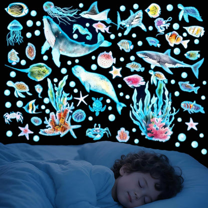 Glow in The Dark Ocean Wall Decals, 4 Sheets Underwater Sea Animal Stickers (Dolphin, Turtle, Jellyfish), Self-Adhesive Kids Bedroom Decor for Boys & Girls, Blue Glow Nursery Wall Art (7.8x11.8in)