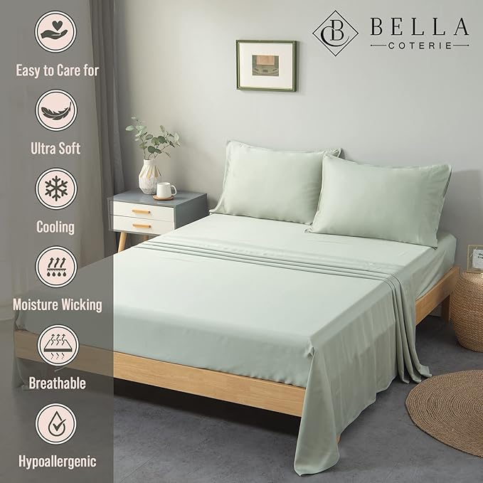 Bella Coterie Luxury Bamboo Viscose Twin XL Size Sheet Set | 100% Organically Grown | Ultra Soft | Cooling for Hot Sleepers | 18" Deep Pocket [Sea Glass]