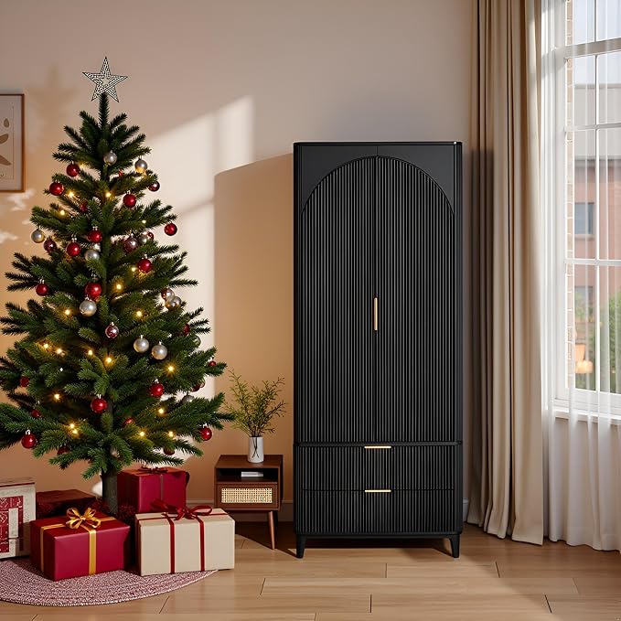 70.1" Arched Wooden Armoire Wardrobe Closet with 2 Doors and 2 Drawers, Fluted Bedroom Armoire with Hanging Rod Shelf, Clothing Storage Cabinet, Wardrobe Armoire Closet Cabinet for Bedroom