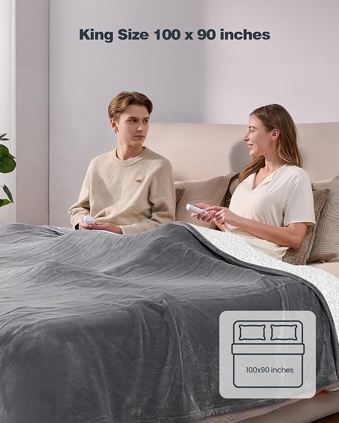 Heated Electric Blanket King- Super Soft Heating Blanket, Dual Control & 9 Heat Settings, 10 Hours Auto Off, Soft Flannel to Sherpa, Fast Heating Electric Throw, Machine Washable, 90 x 100''- Grey