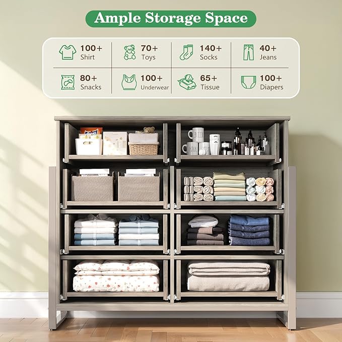LGHM Fluted Dresser for Bedroom with 8 Drawers, Modern 8 Drawers Dressers with Semi-Cylindrical, Chest of Drawers Closet Organizers and Storage Clothes, 43" Tall Dresser with Bold Steel Frame, Gray