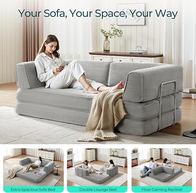 LINSY HOME 79'' Convertible Sofa Bed - Sleeper Sofa Compression Folding Loveseat Sleeper - Foldable Corduroy Couch Bed for Living Room Bedroom - Modular Sectional Compressed Sofa in Box, Grey