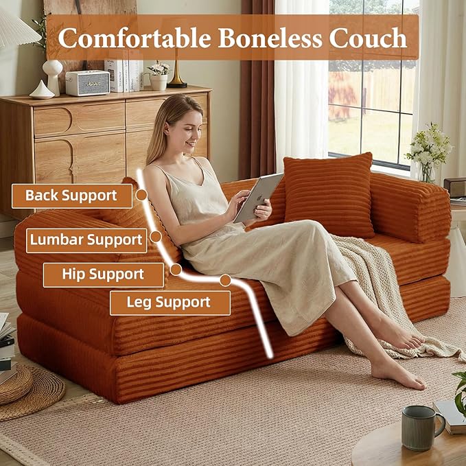 Convertible Futon Sofa Bed, Fold Out Floor Sofa Couch with Sleeper Sofa,Folding Boneless Couches with Deep Seat,Cloud Corduroy Foldable Mattress Couch for Living Room (Orange)