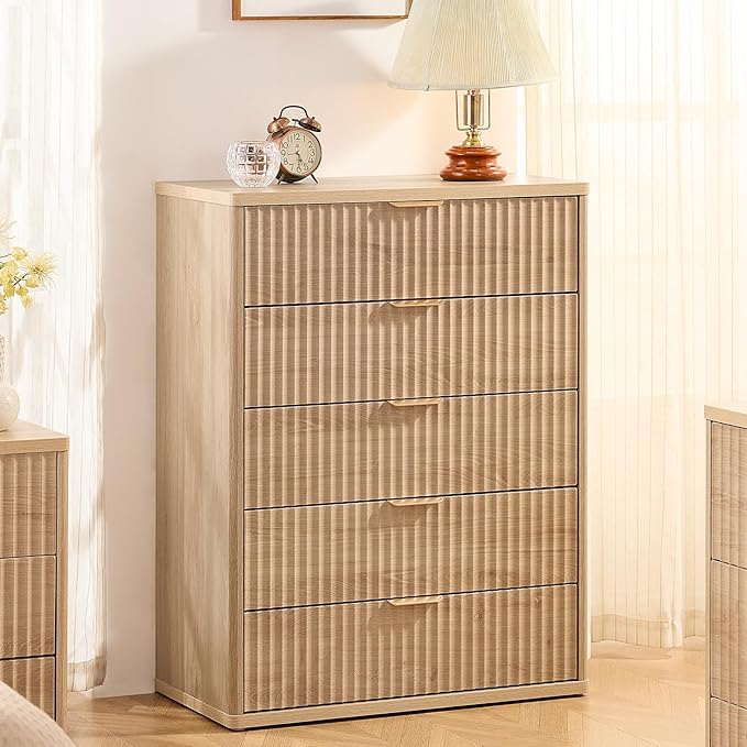 LEYAOYAO Fluted 5 Drawers Dresser Set of 2, 41" Tall Modern Chest of Drawers with Metal Handle, Curved Profile Dresser TV Stand, Wooden Drawer Organizer for Bedroom, Living Room, Hallway, Navy Blue
