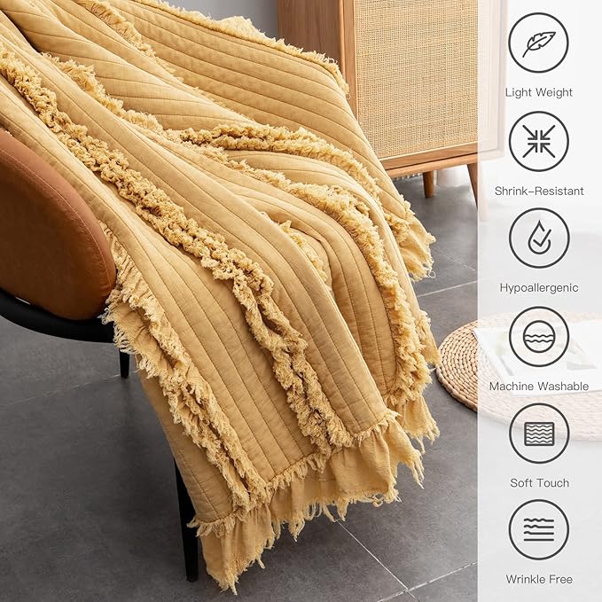Ultra Soft Pre-Washed Quilted Boho Yellow Twin Size Blankets for Bed, Ruffle Fringed Decorative Throw, Stone Washed Chic Rustic Blanket for Sofa Couch Bed, 60"*80"
