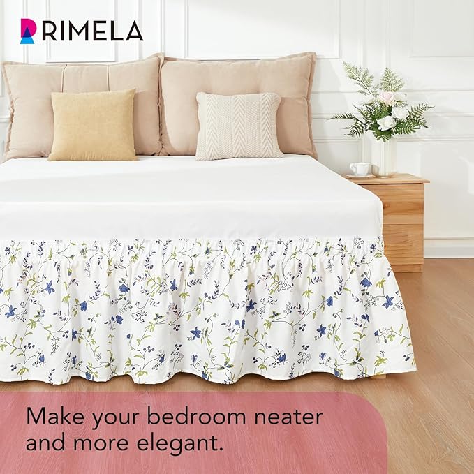 RIMELA Blue Berry Floral Bed Skirt Queen Size 15 Inch Drop, Elastic Bed Skirting for Bed Frame, Bedding Dust Ruffle Easy to Install, Lightweight Wrap Around Adjustable Bedskirt