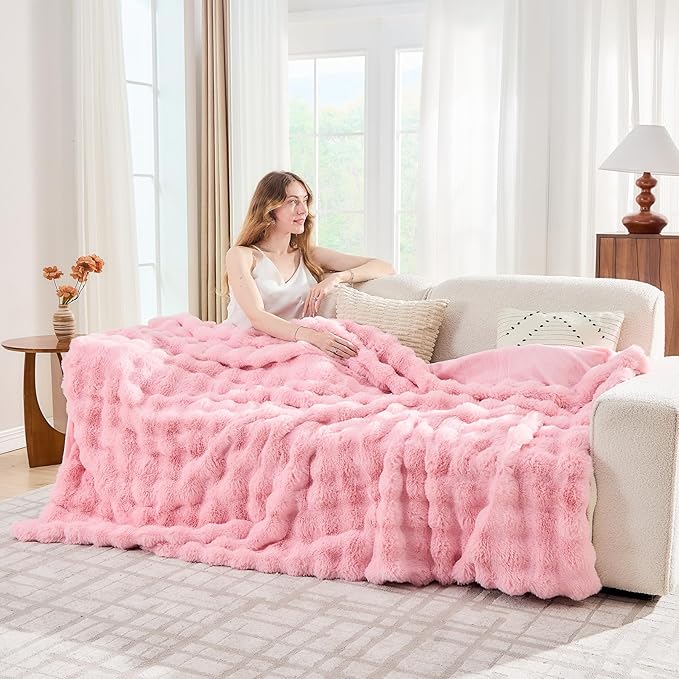 Pink Faux Fur Throw Blanket Soft Plush Fluffy Bubble Texture Cozy Blanket for Couch Bed Sofa Warm Thick Luxury Home Decor Gift for Women Mom Girlfriend (Twin Size 60''x80'', Pink)