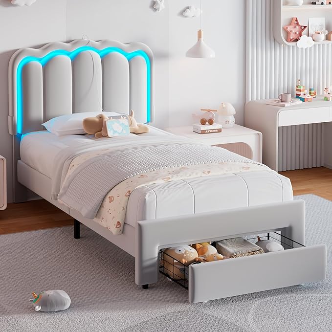 Velvet Upholstered Twin LED Bed Frame with Storage Drawer and Adjustable Double Wavy Headboard, Princess Platform Bed for Kids/Girls/Boys, Solid Wood Slats Support,No Box Spring Needed,Grey