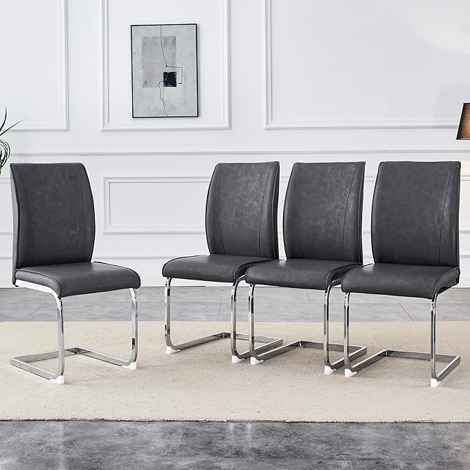 Dining Chairs Set of 4,Faux Leather Dining Chairs,Upholstered Kitchen Chairs with High Back,Modern Armless Side Chairs with Sturdy Chrome Plated Metal Legs for Living Room(Grey,4)