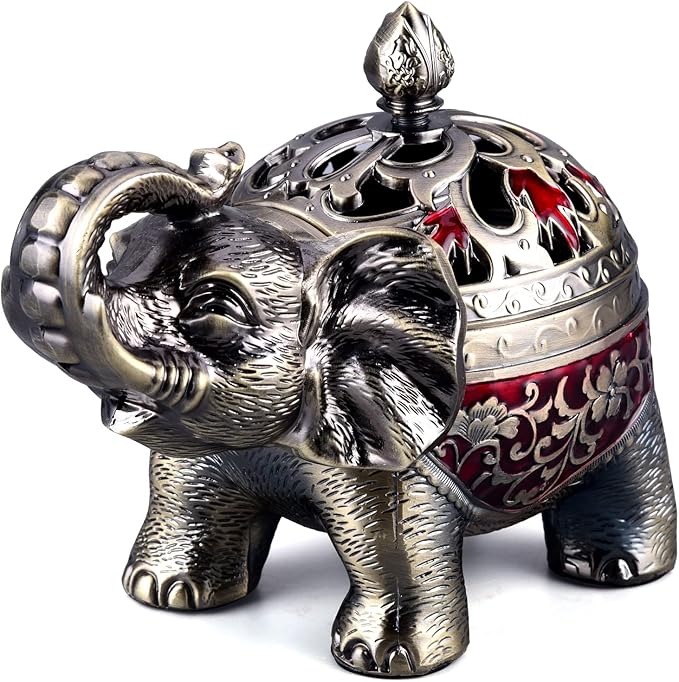 K COOL Metal Backflow Incense Holder Elephant Cone Incense Burner Candle Holder with Lid, Aromatherapy Ornament Home Office Decoration for Indoor Outdoor (Red)