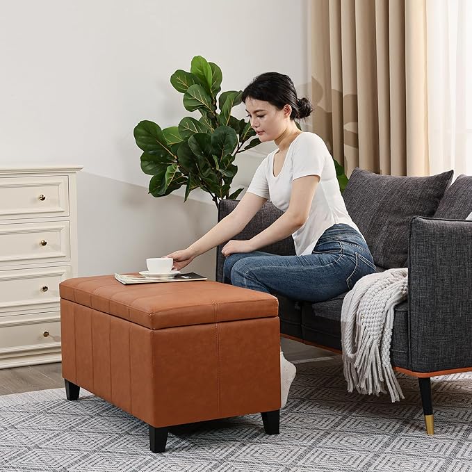 Joveco Storage Ottoman Bench, 33 Inches Faux Leather Rectangle Tufted Foot Stool for End Foot of Bed, Bedroom, Living Room, Ginger