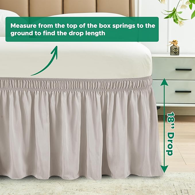 Biscaynebay Wrap Around Bedskirts for King & Cal King Beds with 18" Drop, Camel Grey Adjustable Elastic Dust Ruffles Easy Fit Wrinkle Resistant Silky Luxurious Fabric Machine Washable