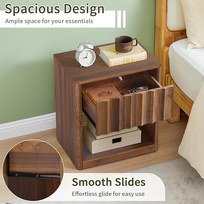 Fluted Dresser, Small Nightstands Set of 2, Walnut Bedside Table with Drawer and Storage, Mid Century Modern Side Table for Bedroom Sofa
