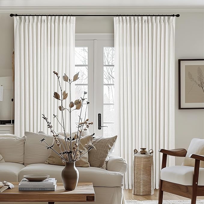 Beige White Pinch Pleated Extra Wide Curtain Panels 90 Inches Long 100 Wide Linen Curtain for Sliding Glass Door Semi Sheer Hooks Rings Privacy 90 Inch Length Drape for Living Room 100x90 1 Panel
