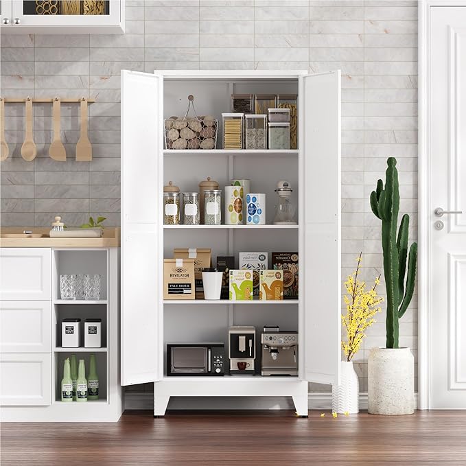 Farmhouse Pantry Cabinet with Barn Doors,61" H x 27.5" W,Metal Cabinet with Adjustable Shelves,4-Tier Storage Cabinet for Kitchen Dining Room Garage,White