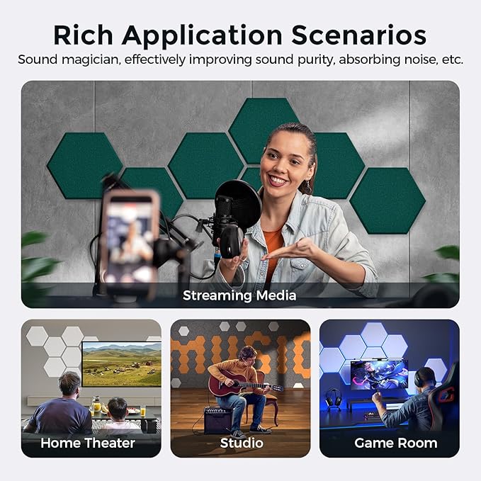 Self-Adhesive Acoustic Panels [390 lbs/yd³ Ultra-High Density], 2nd Generation Sound Absorbing Panel, Professional Level Sound Panel, Polyester Soundproof Foam [Size L, Dark Green]