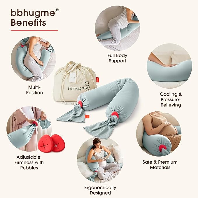 bbhugme Adjustable Pregnancy Pillow with Removable Eucalyptus Cover & Extra Dusty Pink Cover - Full Body Support for Pregnant Women