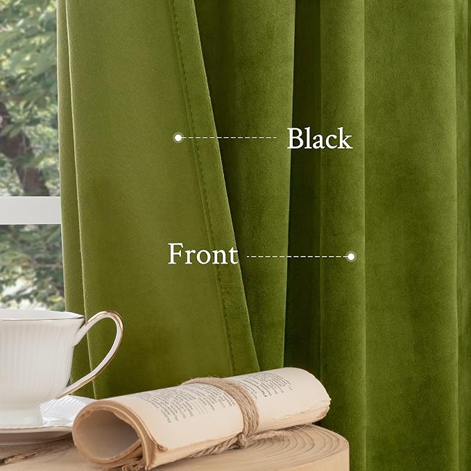 LAMIT Velvet Curtains for Living Room 96 Inch, Vintage Blackout Thermal Insulated Panels Super Soft Back Tab and Rod Pocket Room Darkening Window Drapes for Bedroom, 2 Panels, Moss Green 52 x 96 Inch