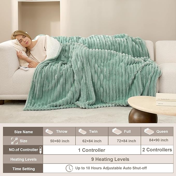 Hansleep Heated Blanket Queen Size Electric Throw Dual Control, Heating Blanket with 9 Heating Levels and 10-Hour Timer Auto Shut Off, Washable Soft Warm Winter Blanket, 80 x 90 Inches, Green