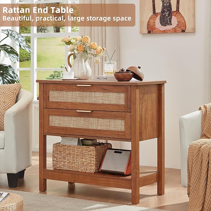 LEYAOYAO 31.5" Wide Rattan Night Stand, Oversized Large Boho Nightstand with 2 Drawer, Tea Brown Bed Side End Tables with Storage Shelf, Tall Bedside Table for Bedroom Living Room, Hallway