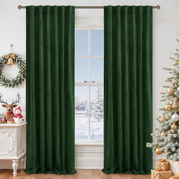 LAMIT Emerald Green Velvet Curtains 96 Inch for Living Room, Thermal Insulated Room Darkening Drapes Noise Reducing Back Tab and Rod Pocket Christmas Panels for Bedroom, Set of 2 Panels, 52 x 96 Inch