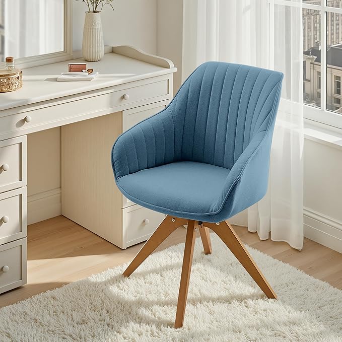 Zouron Mid Century Modern Swivel Accent Chair, Vanity Chair with Wooden Legs, Upholstered Arm Chair No Wheels, Accent Side Chair for Small Space Home Office Living Room Bedroom, Azure