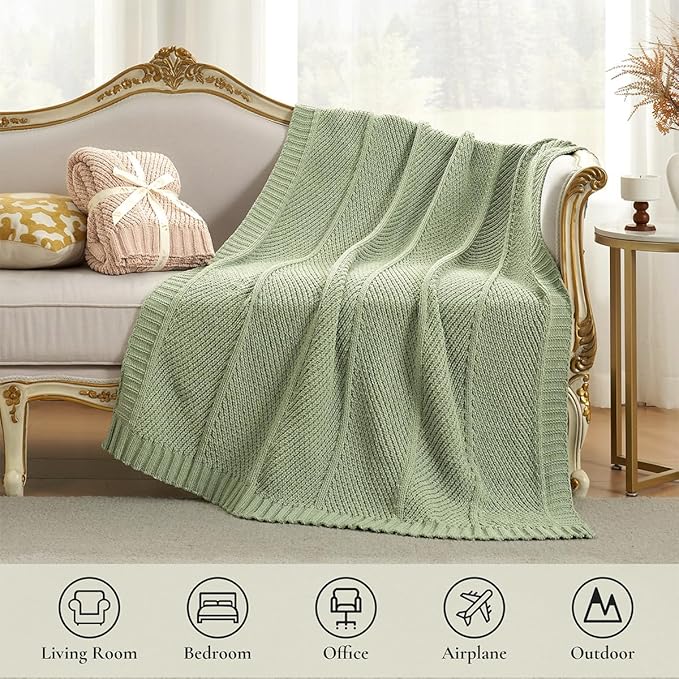 Amélie Home Chevron Chenille Knit Throw Blanket for Couch, Cozy Texture Decorative Soft Blanket for Sofa & Chair, 60"x80", Sage Green