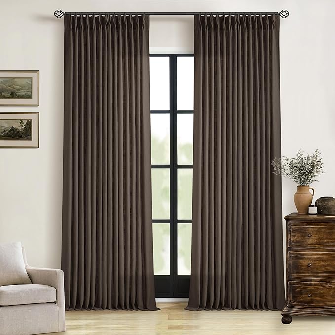 Dark Chocolate Pinch Pleated Linen Curtains 2 Panels for Living Room Bedroom Memory Training Shaped Semi Sheer Pleat Drapes with Hooks Rings Light Filtering Window Curtain 40x108