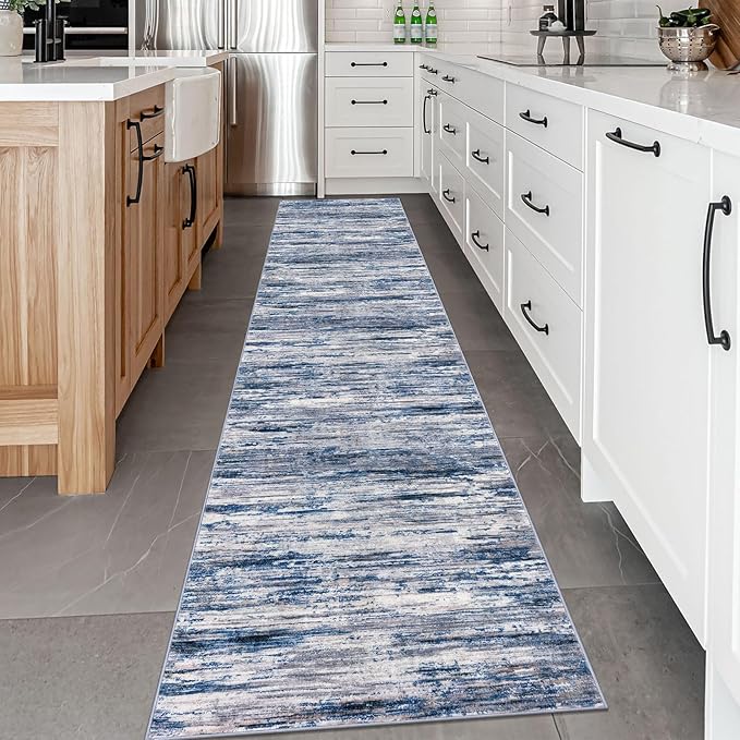 2.6x14 Modern Abstract Runner Rug for Hallways, Navy Blue Gray Neutral Multi Super Soft Hallway Decor Kitchen Rugs with Non-Slip, Non-Shedding Washable Rug for Entryway Bedroom Indoor