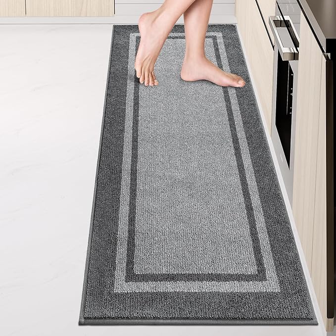 Kitchen Rugs 24" x 84", Non-Slip Machine Washable Kitchen Runner Rugs Floor Mats, Absorbent Comfort Standing Mats for Kitchen, Sink, Laundry and Hallway, Rolled Packaging, Light Grey & Dark Grey