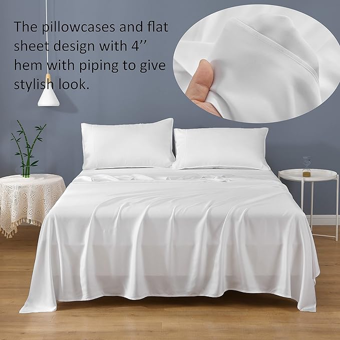Linen World Cooling Bed Sheets Set King Size,100% Organically Grown Viscose Sheets,Deep Pocket Up to 16",4 Pieces Silky Soft,Breathable Bedding Sheets & Pillowcases(White,King)