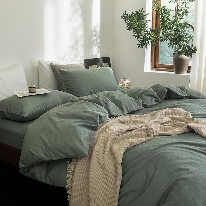 FOSSA Duvet Cover Set 100% Washed Cotton Linen Feel Super Soft Breathable Cozy Simple Style 3 Pieces Bedding Sets Solid Heathered Green Twin