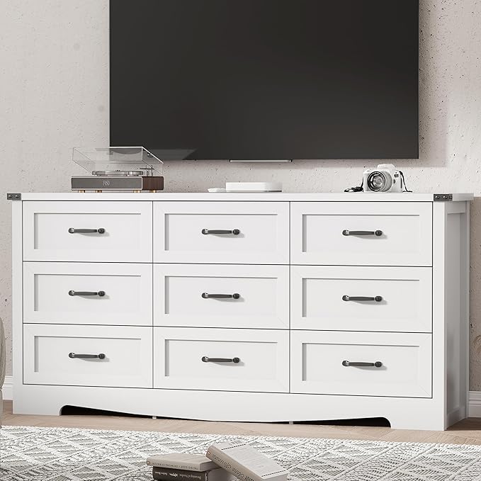 Dresser for Bedroom with 9 Drawers, 63" Wide Wood Chest of Drawers with Deep Drawers & Mental Handle, Modern Dresser TV Stand, Wooden Closet Storage Organizer for Living Room, Hallway, Entryway, White