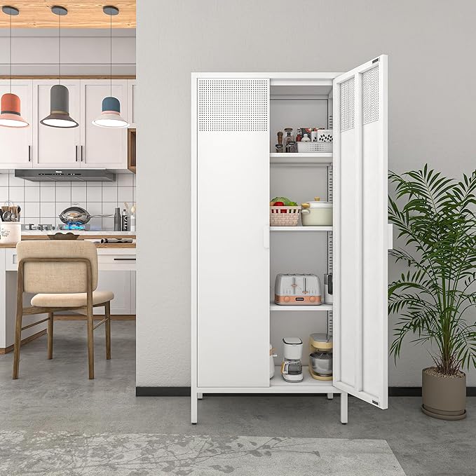 COFaR 4 Tier Black Metal Storage Cabinet, Free Standing with 2 Doors, 3 Adjustable Shelves and Legs, Cupboard Metal Cabinet for Living Room, Kitchen, Dining Room, Office