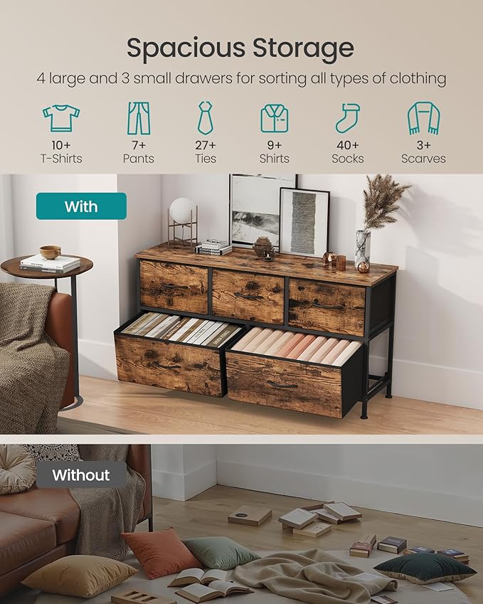 SONGMICS Dresser for Bedroom, Chest of Drawers, Steel, MDF, 5 Non-Woven Fabric Drawers, Storage Organizer Unit, Closet, Entryway, Rustic Brown and Ink Black ULGS322B02S