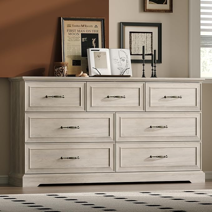 Farmhouse 7 Drawers Dresser for Bedroom, 57" Wide Modern Chest of Drawers with Deep Drawers & Bar Handles, Rustic Wood Dresser TV Stand, Wooden Closet Storage Organizer for Living Room, Hallway, Grey