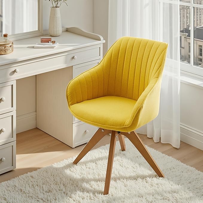 Zouron Mid Century Modern Swivel Accent Chair, Vanity Chair with Wooden Legs, Upholstered Arm Chair No Wheels, Accent Side Chair for Small Space Home Office Living Room Bedroom, Citrine