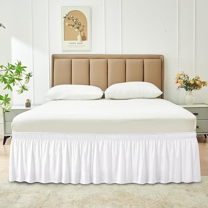 Biscaynebay Wrap Around Bed Skirts for Full & Full XL Beds with Extra Long Drop of 21", White Adjustable Elastic Dust Ruffles Easy Fit Wrinkle Resistant Silky Luxurious Fabric Machine Washable