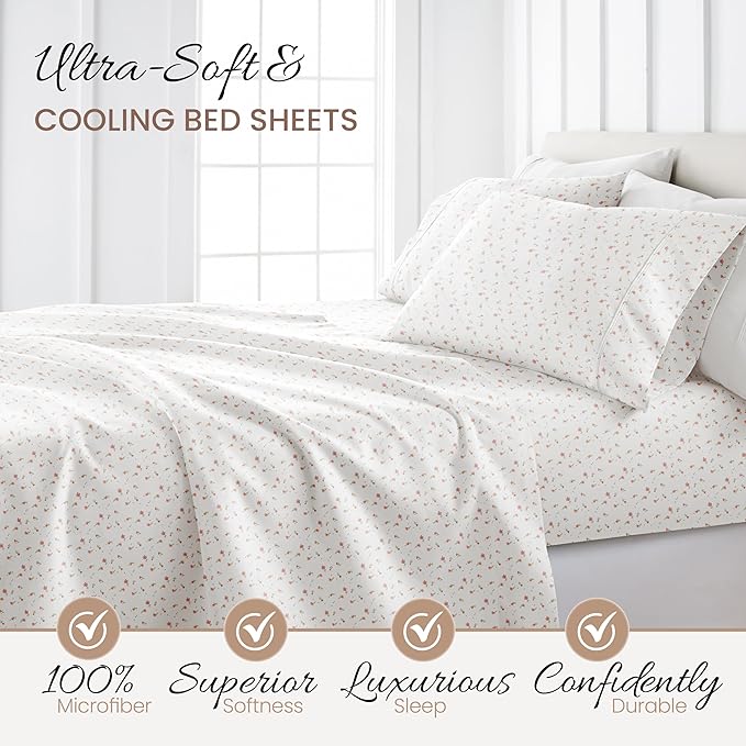 Linen Market Double-Brushed Patterned Microfiber Twin Sheet Set 3 Piece – Oeko-TEX Certified Ultra Soft & Wrinkle-Free - 16" Deep Pocket Sheets - Easy Care Twin Size - Soft Floral Pink